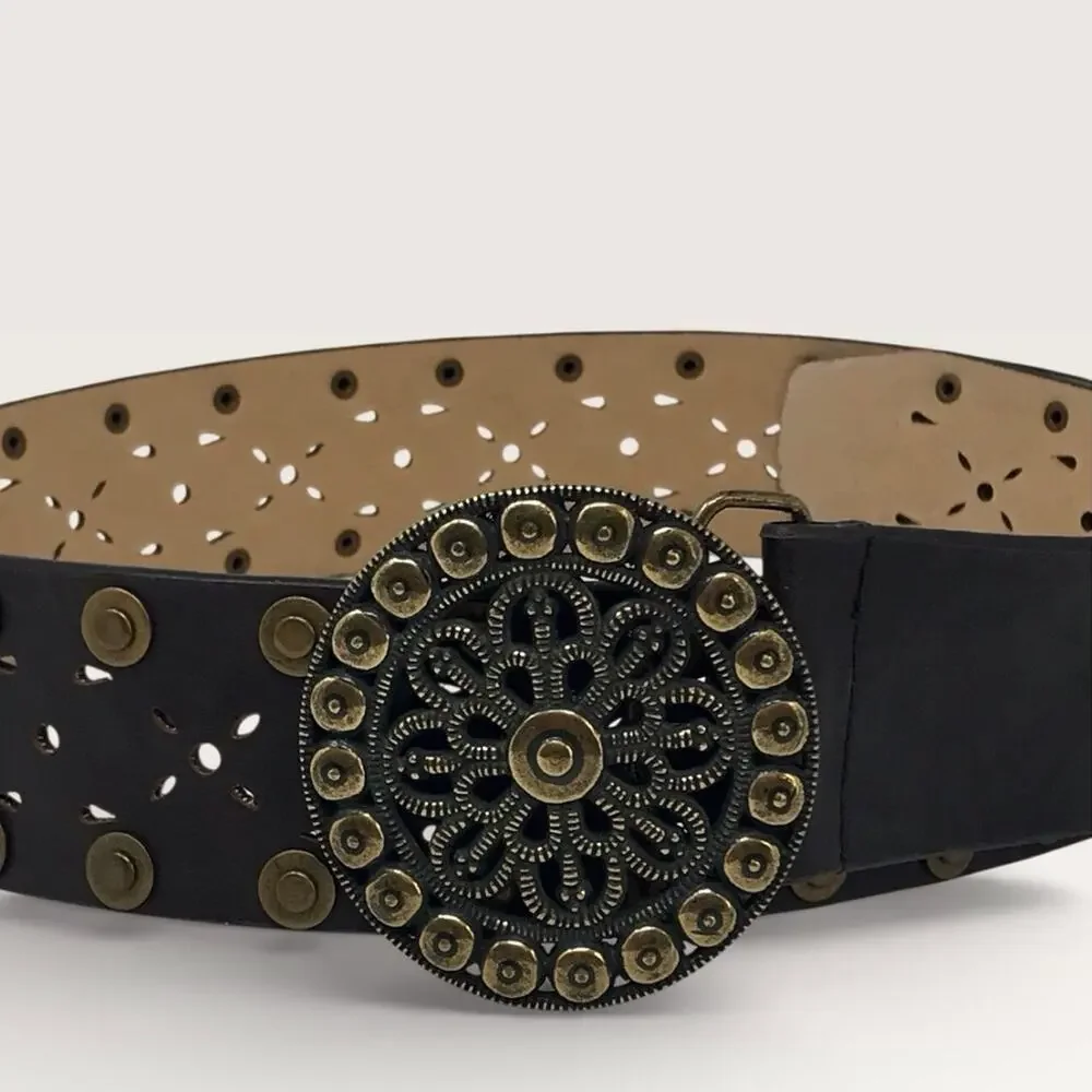Sonoma Brown Wide Leather Belt Western Style Studded Brass & Cutout Detail